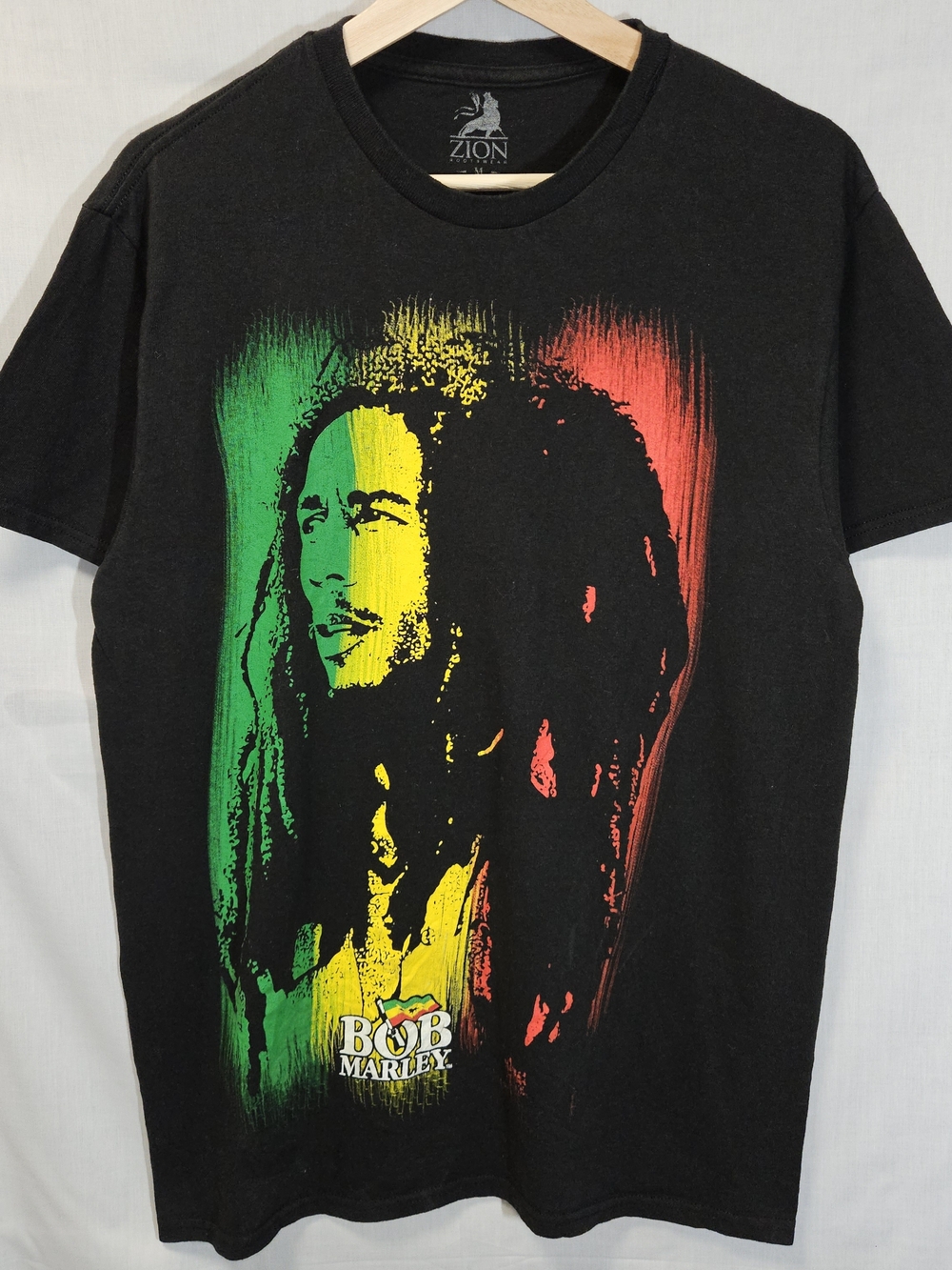 Zion Bkack Bob Marley Graphic Rasta Print T-Shirt - Green/Yellow/Red sz M